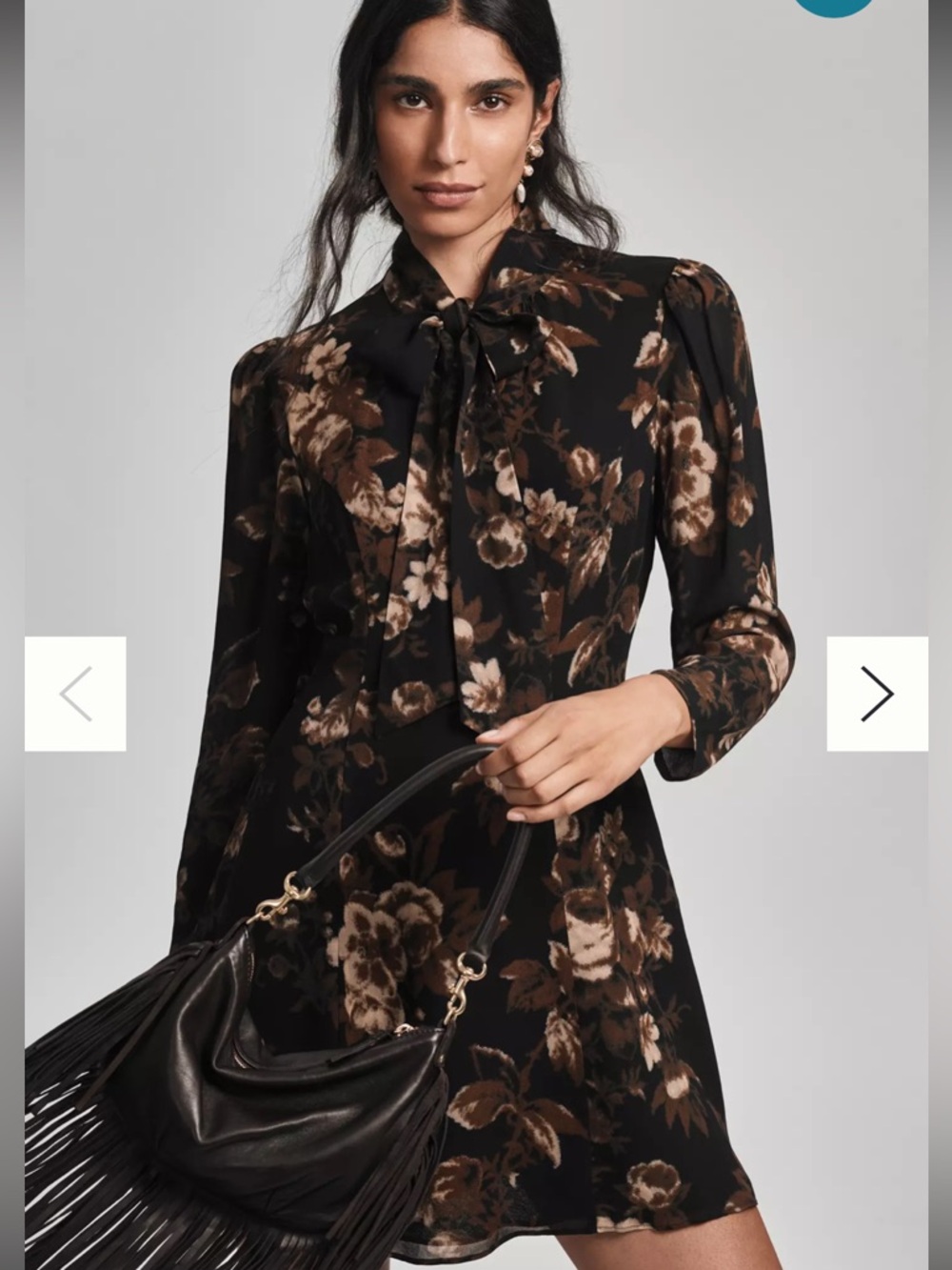 Reformation Sunna Floral Tie-Neck Long Sleeve Mini Dress - Black & Brown